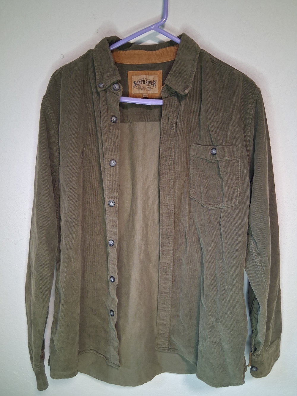 North River Olive Green Flannel Shirt Men’s L 100% Cotton Button Up Long Sleeve